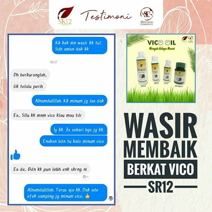 Wasir membaik setelah rutin konsumsi VCO SR12,  MaasyaAllah...VCO SR12 mantuuul.. 👉VCO SR12 adalah minyak kelapa murni dari kelapa pilihan (grade A) di proses dengan teknik cold press (dingin), tanpa pemanasan kompor maupun matahari  sehingga menghasilkan minyak kelapa murni dengan kualitas terbaik, 👉Minyak VCO SR12 itu bening, tidak keruh, dan tidak tengik....👉Minyak VCO SR12 bermanfaat untuk kecantikan, kesehatan, meningkatkan daya tahan tubuh terhadap serangan virus, bakteri serta jamur,  bahkan minyak VCO SR12 juga bermanfaat untuk kuliner (buat kue, nasi biar pulen .dsb)Yuk segera di OrderWa/telegram 👉 0821-5799-8873AGEN RESMI SR12 HERBAL SKINCARE BALIKPAPAN, KAL-TIMAtau silahkan kunjungi toko online kami di👉 tokopedia.com/sr12balikpapan