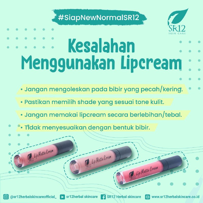 Kesalahan Menggunakan Lipcream yang harus kamu hindari:• Jangan mengoleskan pada bibir yang pecah/kering.• Pastikan memilih shade yang sesuai tone kulit.• Jangan memakai lipcream secara berlebihan/tebal.• Tidak menyesuaikan dengan bentuk bibir.  #lipcream #sr12skincare