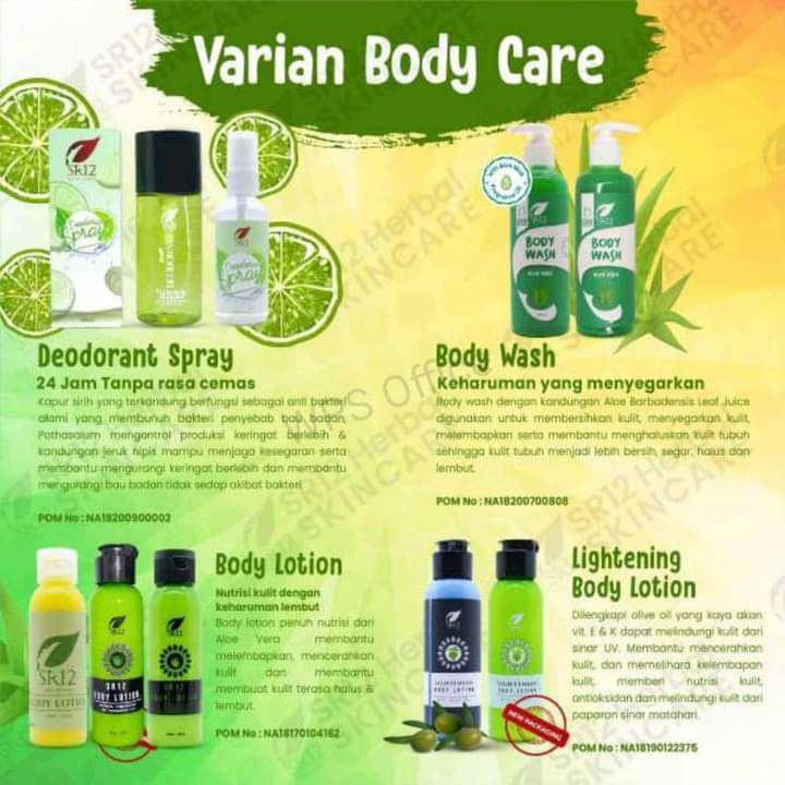 🌿Varian Body care SR12🌸 Lulur scrub Cream coffee🌸 Lulur rempah bengkoang 🌸 BodyWash Aloe Vera  🌸 Deodorant Spray Multiguna🌸 HandBody Siang dan🌸 HandBody Malam Semua nya berfungsi mencerahkan dan merontokkan noda2 hitam,  membuat kulit bersih, sehat, cerah, bahkan glowiiiing semriwinggg😱🤩🌿Mencerahkan badan 