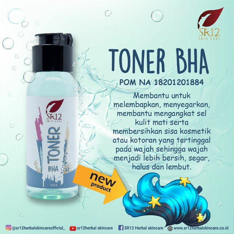 *Toner BHA*POM NA18201201884Netto : 60ml   Toner dengan kandungan Salicylic Acid dan Allantoin berfungsi untuk melembabkan, menyegarkan, membantu mengangkat sel kulit mati serta membersihkan sisa kosmetik atau kotoran yang tertinggal  pada wajah sehingga wajah menjadi lebih bersih, segar, halus dan lembut.            *Cara Penggunaan *  Tuangkan toner pada kapas secukupnya kemudian usapkan (dengan cara ditap-tap / ditekan lembut) pada kulit wajah yang telah dibersihkan. - Gunakan 2x sehari sebelum menggunakan krim wajah. - Untuk penggunaan pada pagi hari, selalu gunakan sunscreen 10 menit sebelum keluar rumah setelah penggunaan day cream.     *Peringatan :*• Mengandung BHA (Butyl Hidroxy Acid 1,5%)   • Selama penggunaan hindari kontak langsung dengan sinar matahari   • Jangan gunakan disekitar mata, mulut dan membran mukosa lain   • Gunakan tabir surya dengan SPF minimal 15   • Jika terjadi reaksi hipersensitifitas seperti rasa terbakar dan kemerahan. Maka hentikan pemakaian