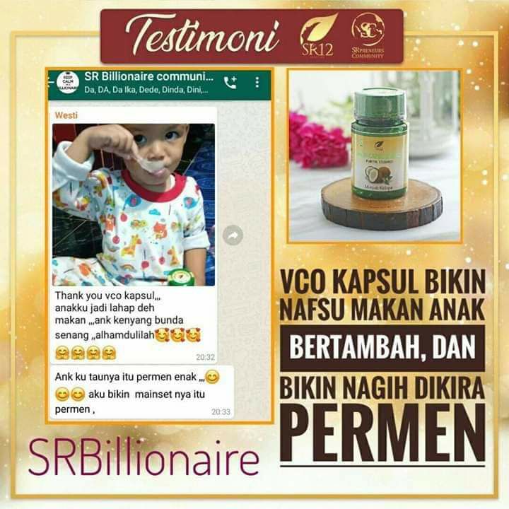 Kalau anak susah makan dan badannya kurus pasti emak2  pada sedih, marah atau bahkan merembet menjadi malu? iya kan? Gimana tidak?Ketika anaknya kurus pasti emak nya yg pertama kali jadi tertuduh, benar nggak bun?? di bilang nggak becus lah, dibilang nggak bisa urus anaklah, emang emak nya ngapain di rumah perasaan nggak kerja apa2 kok anaknya kurus kering begitu? Mungkin mama nya sibuk ngurus permak wajah aja kali makanya anaknya nggak terurus..?🤧😣🥺 sedih kan iya kan bun..? tapi tenang SR12 sudah punya solusinya yaitu VCO SR12, jika anaknya susah makan dan badannya kurus.. yuk..kasih aja minum VCO SR12 ..insyaAllah nafsu makan anak langsung meningkat saya sudah buktikan sendiri lo bun...yuk jangan bersedih lagi..buktikan bahwa anda emak yang pantas dan berhak untuk bahagia 😉🤩🥰💪#VCO_SR12 Untuk Order/konsultasi (free): Wa/telegram 👉0821-5799-8873AGEN RESMI SR12 HERBAL SKINCARE BALIKPAPAN