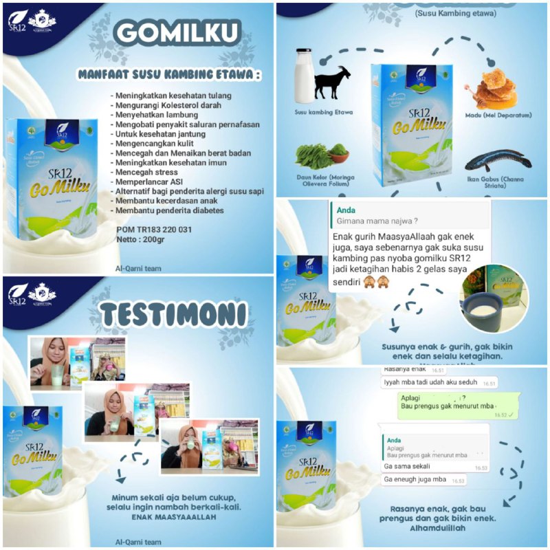 🌿GoMILKU rasa nya enak dan gurih, nggak amis /nggak bau prengus, nggak bikin eneg.Malah pengen nambah berkali-kali..🥰🤩🌿 Yuk jaga imunitas tubuh mu dengan susu kambing etawa/GOMILKU SR12Oiya GOMILKU SR12 juga mampu membantu meningkatkan kecerdasan anak 🥰🌿Komposisi : Susu Kambing Etawa, daun kelor, madu, dan ikan gabusReady stock🤩Semua varian rasa yaitu: Putih(original)dan Coklat🥛200 gram🥛600 gramYuk kepoin dan ordeeeer..cussss🚀🚀🚀WA/Telegram 👉 0821-5799-8873AGEN RESMI SR12 HERBAL SKINCARE BALIKPAPAN KAL-TIMAtau silahkan kunjungi dan belanja di toko online kami di:tokopedia.com/sr12balikpapan Atau shopee.co.id/agenresmisr12
