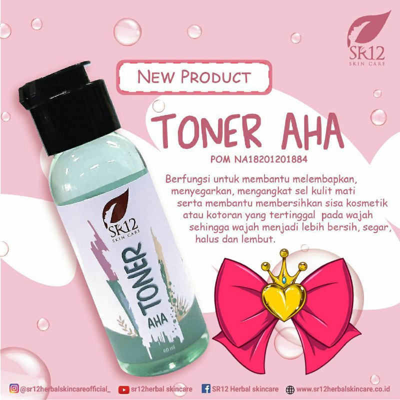 *Toner AHA*POM NA18201201884Netto : 60ml Dengan kandungan Glycolic acid, Lactic Acid, Allantoin, dan Arginine berfungsi untuk melembabkan, menyegarkan, membantu mengangkat sel kulit mati serta membersihkan sisa kosmetik atau kotoran yang tertinggal  pada wajah sehingga wajah menjadi lebih bersih, segar, halus dan lembut.*Cara penggunaan :*- Tuangkan toner pada kapas secukupnya kemudian usapkan (dengan cara di tap-tap / ditekan lembut) pada kulit wajah yang telah dibersihkan. - Gunakan 2x sehari sebelum menggunakan krim wajah. - Untuk penggunaan pada pagi hari, selalu gunakan sunscreen 10 menit sebelum keluar rumah setelah penggunaan day cream selama penggunaan toner AHA.*Peringatan :* • Mengandung AHA (Alpha Hidroxy Acid 7,9%)  • Selama penggunaan hindari kontak langsung dengan sinar matahari  • Jangan gunakan disekitar mata, mulut dan membran mukosa lain  • Gunakan tabir surya dengan SPF minimal 15  • Jika terjadi reaksi hipersensitifitas seperti rasa terbakar &kemerahan. Maka hentikan pemakaian