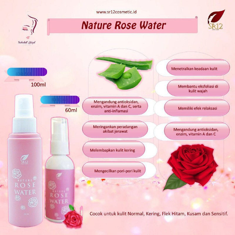 Air mawar SR12 ini bukan sembarang air mawar lo...ini bener-bener aroma mawar, yang jelas bukan aroma melati😬🤩 Face Mist ini selain  mengunci make up biar tahan lama juga bisa mencerahkan kulit, menghilangkan kusam nya kulit ku, menghempaskan flek hitam juga lo..., Nature Rose water ini cocok untuk kulit kering, normal, sensitif,  flek hitam,  wah gimana dong untuk kulit berjerawat? Tenang pemirsa...SR12 sudah menyediakan face mist khusus untuk kulit berjerawat yaitu Nature SECRET water, Nature ROSE water ini bisa di gunakan sebelum atau sesudah make up ya...Tersedia 2 varian ukuran: 100 ml dan 60 mlWa/telegram 👉0821-5799-8873AGEN RESMI SR12 HERBAL SKINCARE BALIKPAPAN, KAL-TIM