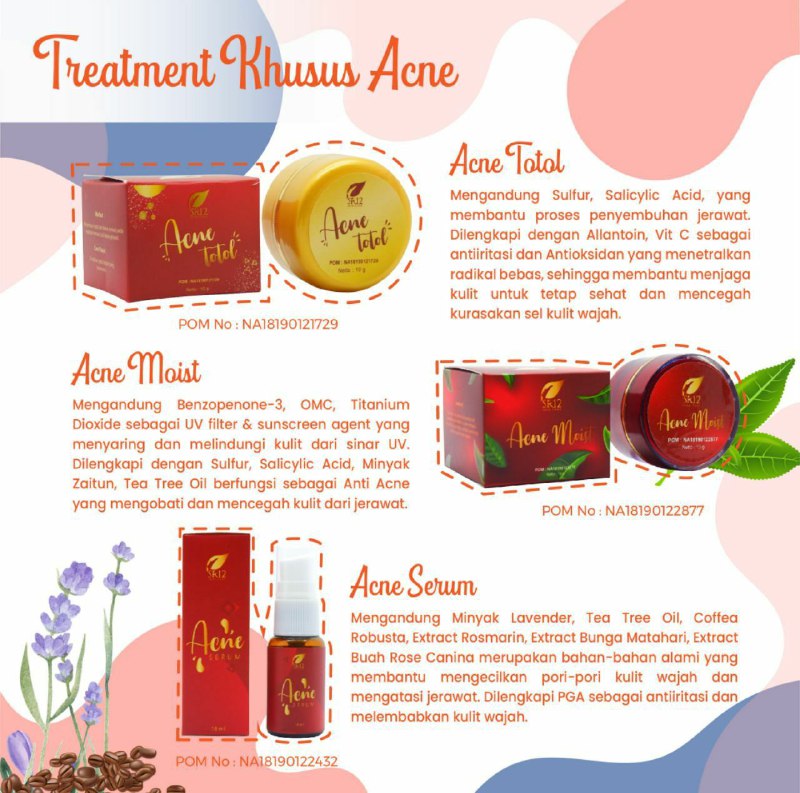 Kita bahas untuk treatment khusus termasuk dalam kategori ini adalah : 1. Acne moist untuk jerawat sedang dan radang.Acne moist sendiri hanya utk pengobatan jerawat, tidak utk pemakaian secara terus menerus.Penggunaan selama 2 minggu atau habis 2 pot atau sampai jerawat sembuh total, Selama penggunaan ini sebaiknya tidak diberikan treatment acne lain kecuali acne peel dan acne totol, Setelah benar2 sembuh untuk perawatan selanjutnya boleh pake cream brightening utk menghilangkan noda bekas jerawat.2. Acne treatmentUtk jerawat menyebar dan parah.cara penggunaan sama sperti acne moist tidak untuk pemakaian terus menerus, hanya boleh digunakan sampe jerawat smbuh.Tidak boleh diberikan bersama anti jerawat lain dibolehkan bersama acnee peel atau suncare 3. Acne totolHanya utk jerawat 1 atau sampe dengan 5  d tempat yg berbeda.Cara penggunaan oles tipis di tempat yg berjerawat.Boleh digunakan dengan anti jerawat lain sperti acne toner.Wa/telegram 👉0821-5799-8873AGEN RESMI SR12 HERBAL SKINCARE