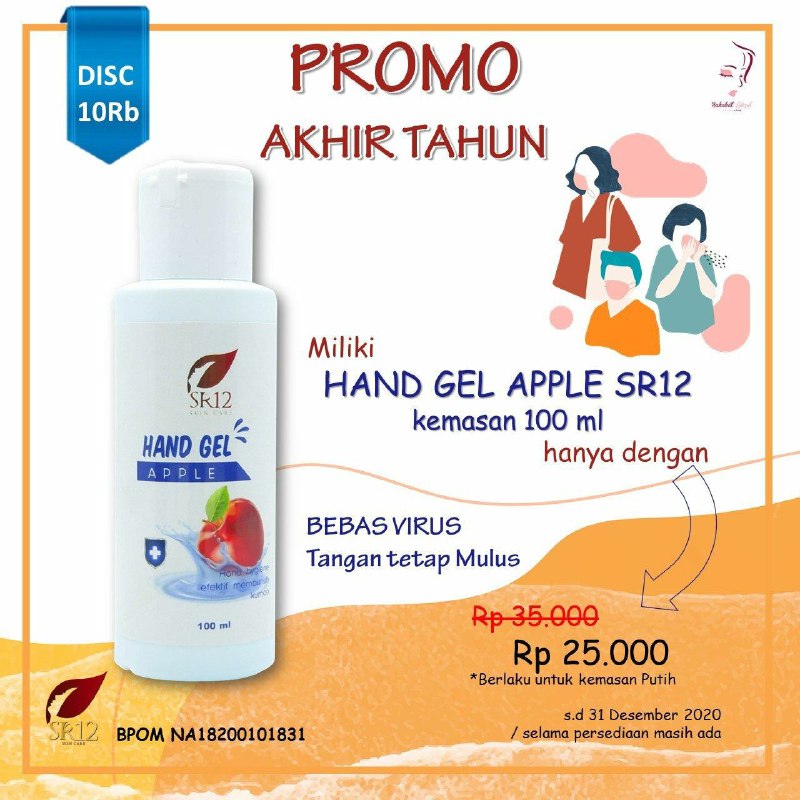 Yuk promo masih berlaku yang...Yuk ada promo menarik, untuk hand Sanitizer/hand gel apple  SR12 yang kemasan putih, diskon menarik 👉 100 ml= 35.000 menjadi 25.000 👉  60 ml = 25.000 menjadi 15.000👉 500 ml = 75.000 menjadi 70.000Bebas Virus, Tangan jadi lembab lembut mulus, tidak menyebabkan tangan kering , bahkan kulit yang 